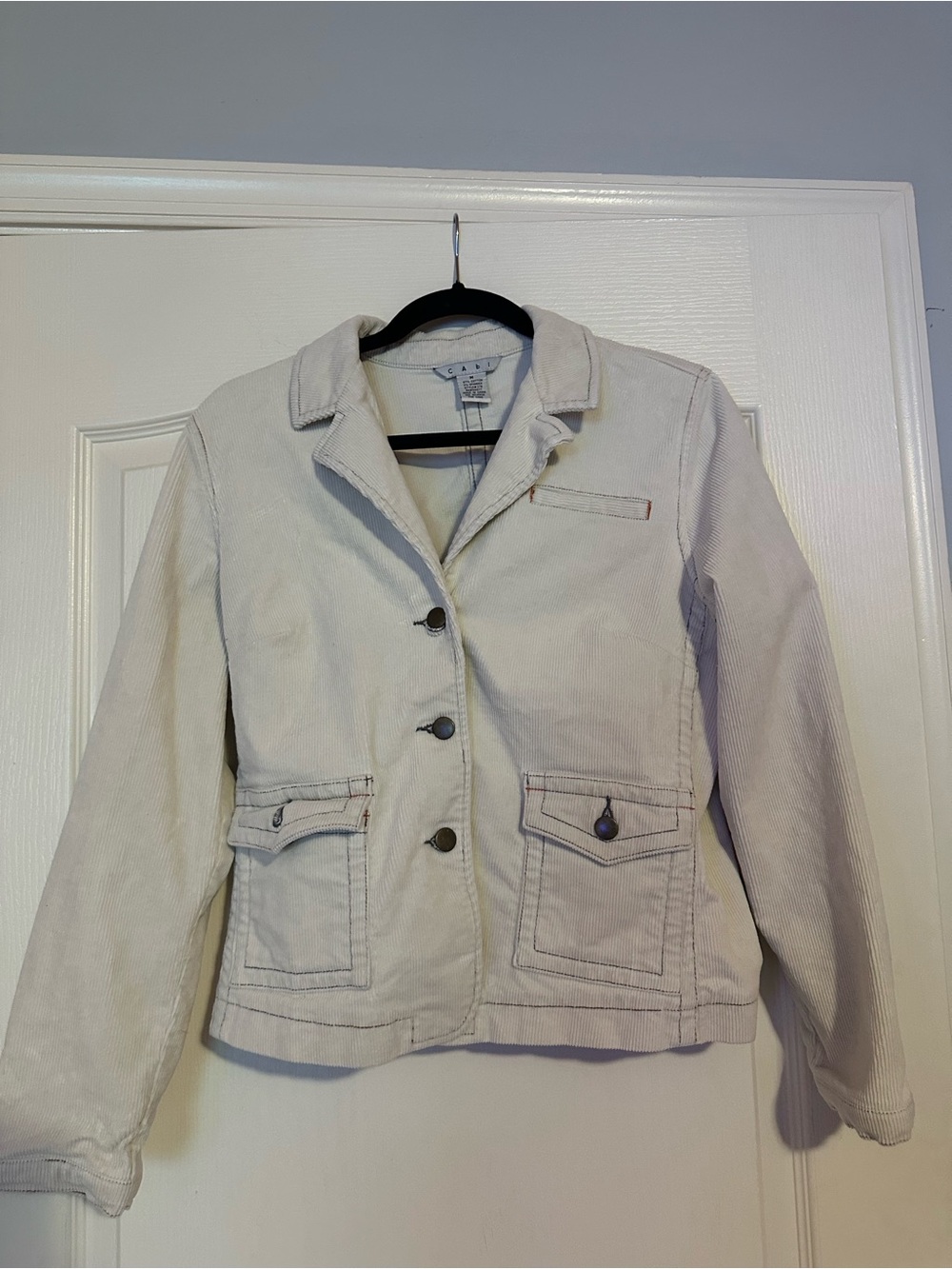 CAbi Cream Corduroy Jacket M Contrast Stitch Cropped Blazer Utility Pockets
